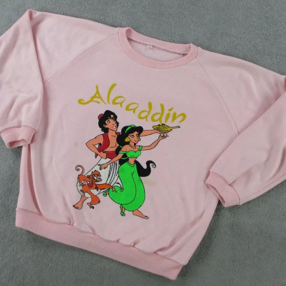 VINTAGE Aladdin Sweater Girls L Pink Genie Lamp Jasmine Monkey Youth Sweatshirt - Picture 2 of 15